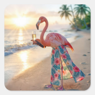 Flamingo in einem Rock mit Champagnerflöte Quadratischer Aufkleber