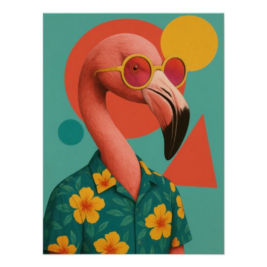 Flamingo in Hawaiian Shirt Poster - Retro Summer (Vorderseite)