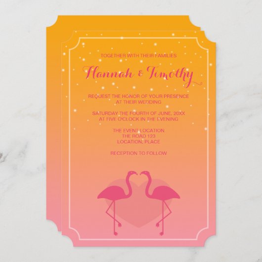 Flamingo in Liebe rosa und orange tropische Hochze Einladung (Vorne/Hinten)