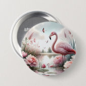 Flamingo in Pastell-Teich Blumen Szene Button (Vorne & Hinten)