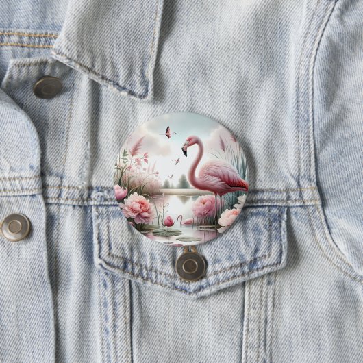 Flamingo in Pastell-Teich Blumen Szene Button (Beispiel)