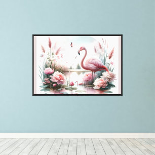 Flamingo in Pastell-Teich Blumen Szene Leinwanddruck