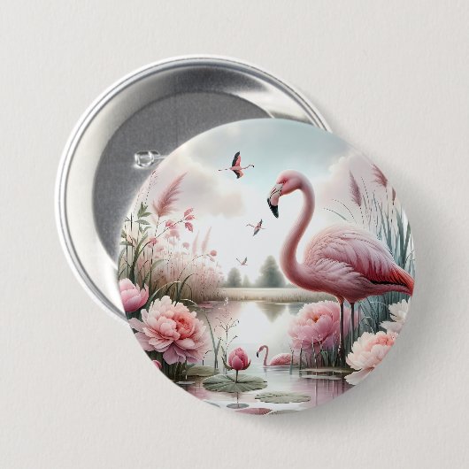 Flamingo in Pastelteich-Blumenzene Button (Vorne & Hinten)
