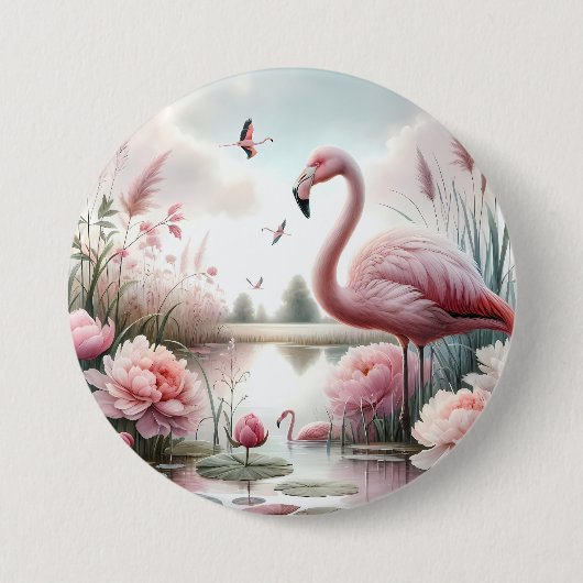 Flamingo in Pastelteich-Blumenzene Button (Vorderseite)