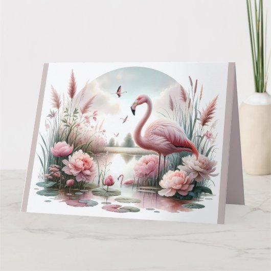 Flamingo in Pastelteich-Blumenzene Dankeskarte (Vorderseite)