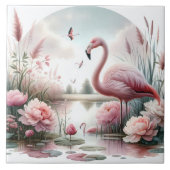 Flamingo in Pastelteich-Blumenzene Fliese (Vorderseite)