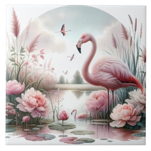 Flamingo in Pastelteich-Blumenzene Fliese (Vorderseite)
