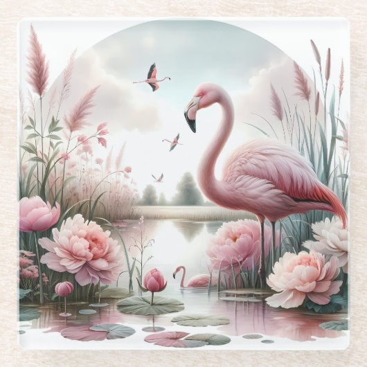 Flamingo in Pastelteich-Blumenzene Glasuntersetzer (Vorderseite)