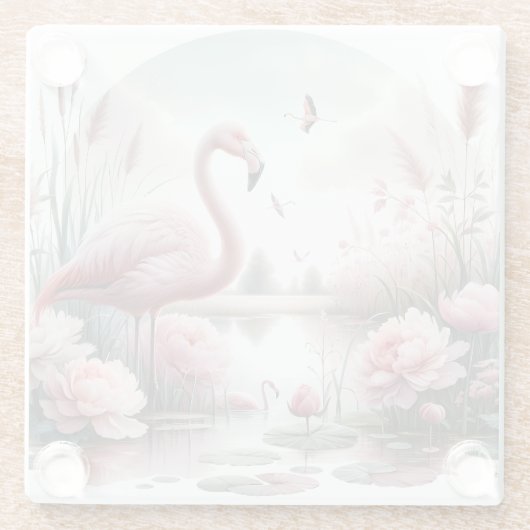 Flamingo in Pastelteich-Blumenzene Glasuntersetzer (Rückseite)