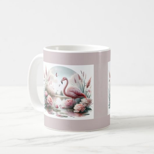 Flamingo in Pastelteich-Blumenzene Kaffeetasse (Vorderseite Links)