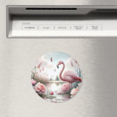 Flamingo in Pastelteich-Blumenzene Magnet (In Situ (Geschirrspüler))