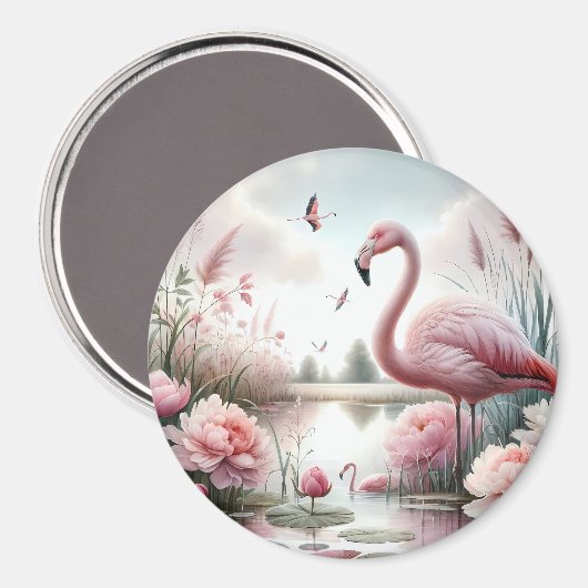 Flamingo in Pastelteich-Blumenzene Magnet (Vorderseite/Rückseite)