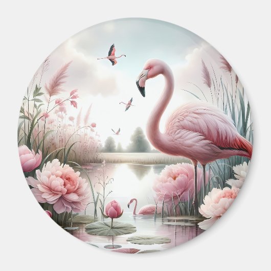 Flamingo in Pastelteich-Blumenzene Magnet (Vorne)