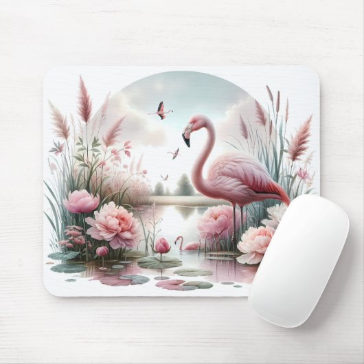 Flamingo in Pastelteich-Blumenzene Mousepad (Mit Mouse)