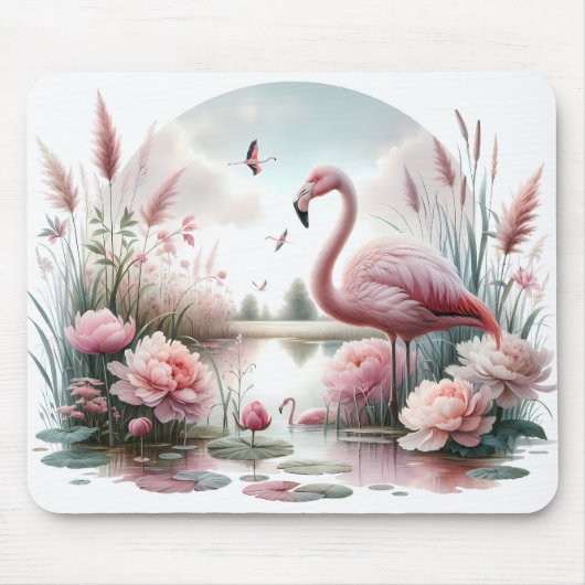 Flamingo in Pastelteich-Blumenzene Mousepad (Vorne)