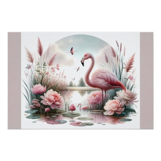 Flamingo in Pastelteich-Blumenzene Poster (Vorderseite)