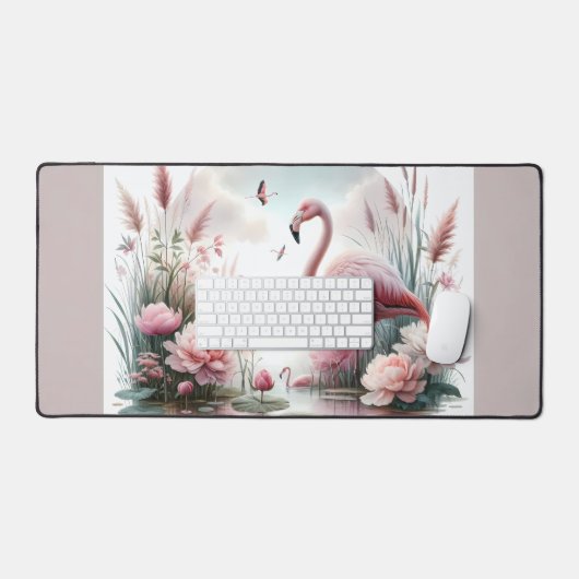 Flamingo in Pastelteich-Blumenzene Schreibtischunterlage (Tastatur & Maus)