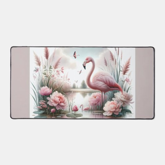 Flamingo in Pastelteich-Blumenzene Schreibtischunterlage (Vorderseite)