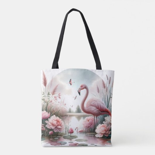 Flamingo in Pastelteich-Blumenzene Tasche (Rückseite)