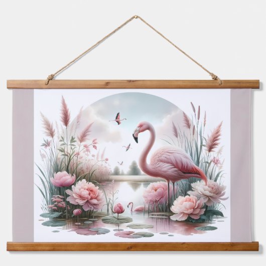 Flamingo in Pastelteich-Blumenzene Wandteppich Mit Holzrahmen (Vorne)
