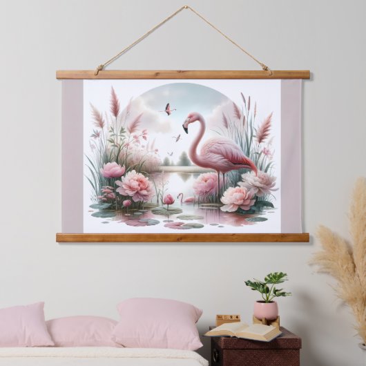 Flamingo in Pastelteich-Blumenzene Wandteppich Mit Holzrahmen (Schlafzimmer)