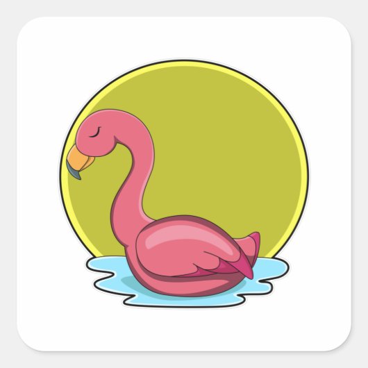 Flamingo in Wasser mit Sonne Quadratischer Aufkleber (Vorderseite)