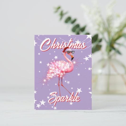 Flamingo in Weihnachtsmannmütze & Sunglass Lila We Postkarte (Stehend Vorderseite)