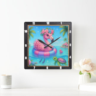 Flamingo Inner Tube Beach Quadratische Wanduhr