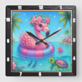 Flamingo Inner Tube Beach Quadratische Wanduhr (Vorderseite)