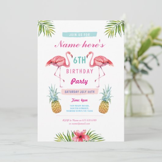 Flamingo Invite Ananas Tropical Aloha Birthday Einladung (Stehend Vorderseite)