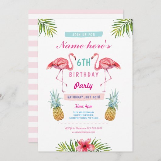 Flamingo Invite Ananas Tropical Aloha Birthday Einladung (Vorne/Hinten)