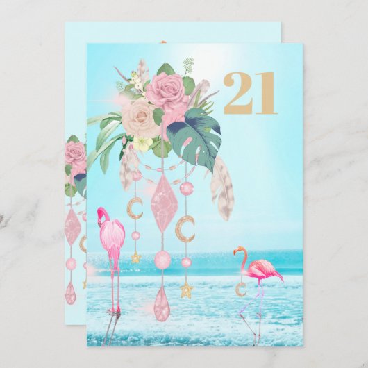 Flamingo Jewel Beach Floral 21. Geburtstag Einladung (Vorne/Hinten)