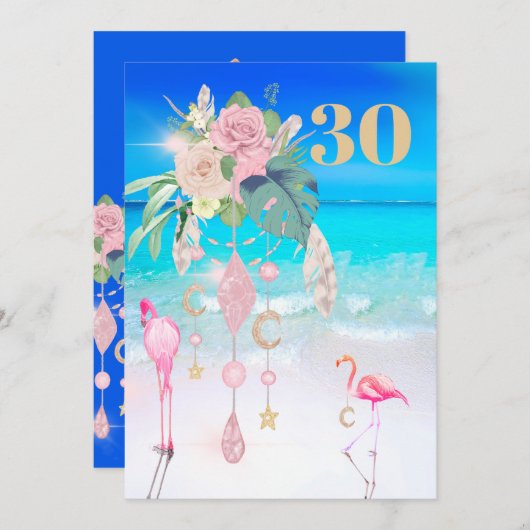 Flamingo Jewel Beach Floral 30. Geburtstag Einladung (Vorne/Hinten)