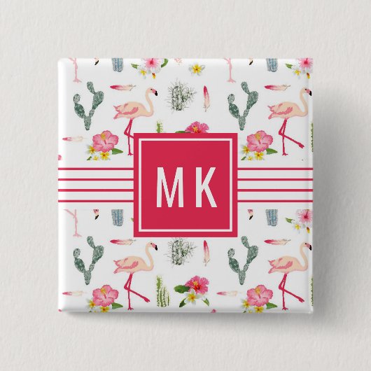 Flamingo-Kaktus-Ananas-Hibiskus-Muster Button (Vorderseite)