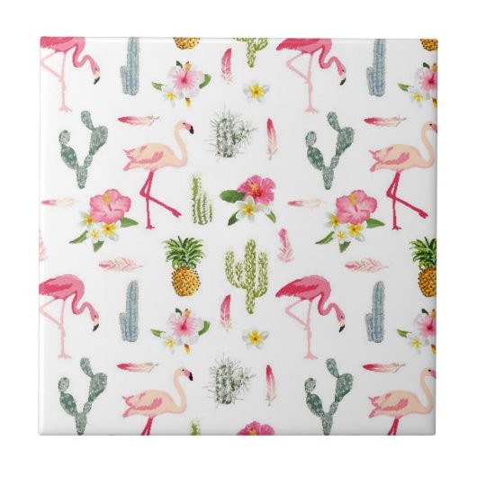 Flamingo-Kaktus-Ananas-Hibiskus-Muster Fliese (Vorderseite)