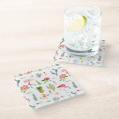 Flamingo-Kaktus-Ananas-Hibiskus-Muster Glasuntersetzer (Schrägansicht)