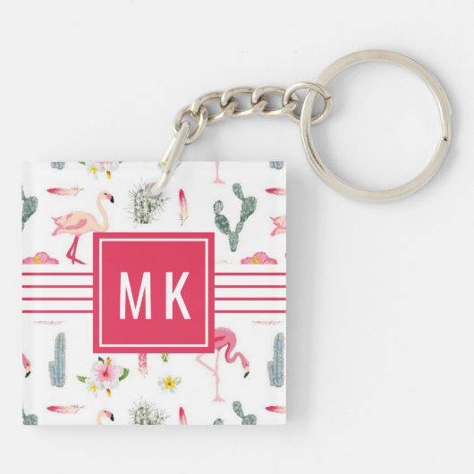 Flamingo-Kaktus-Ananas-Hibiskus-Muster Schlüsselanhänger (Rückseite)