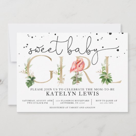 Flamingo Kinderdusche Einladung mit Palm-Blätter (Vorderseite)