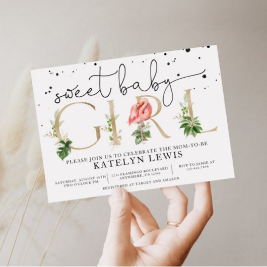 Flamingo Kinderdusche Einladung mit Palm-Blätter