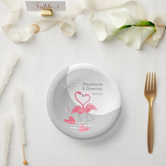 Flamingo Liebe Große Mondnamen Datum Pappteller (Hochzeit)