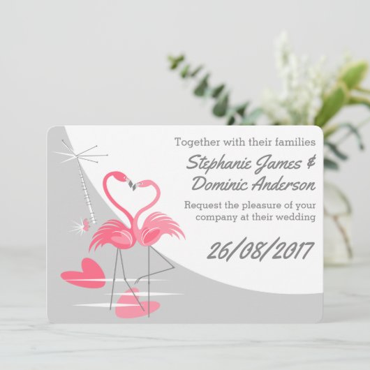 Flamingo-Liebe Grosser Mond doppelseitigen Text Einladung (Stehend Vorderseite)