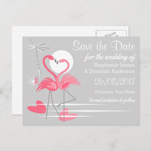Flamingo Liebe Save the Date Postkartenlandschaft Ankündigungspostkarte (Vorne/Hinten)