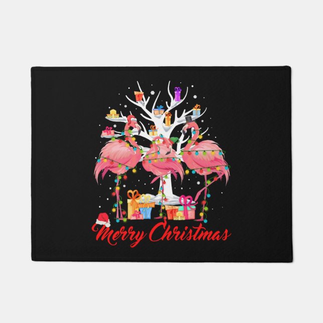 Flamingo Lights Santa Hat Sweater Tree Christmas Fußmatte (Vorderseite)