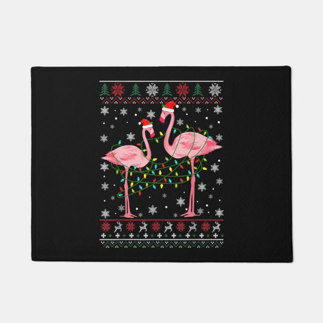 Flamingo Lights Ugly Sweater Weihnachtslebewesen Fußmatte (Vorderseite)
