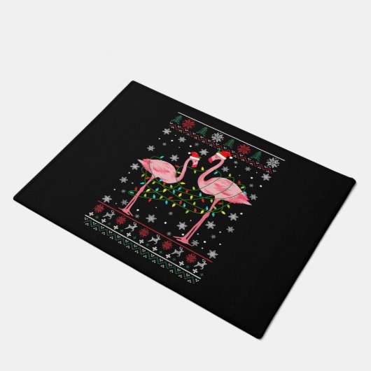 Flamingo Lights Ugly Sweater Weihnachtslebewesen Fußmatte (Schrägansicht)