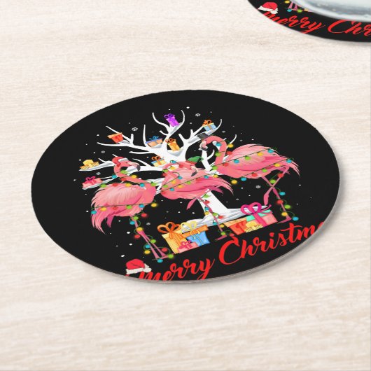 Flamingo Lights Weihnachtsmannmütze Sweater Tree W Runder Pappuntersetzer (Angewinkelt)