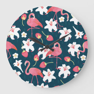 Flamingo Lilies: Tropisches Vintages Design. Große Wanduhr