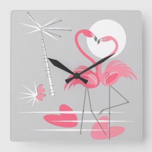 Flamingo Love clock square Quadratische Wanduhr