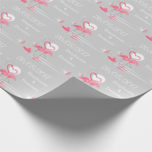 Flamingo Love Side Date Names wrapping paper Geschenkpapier (Ecke)