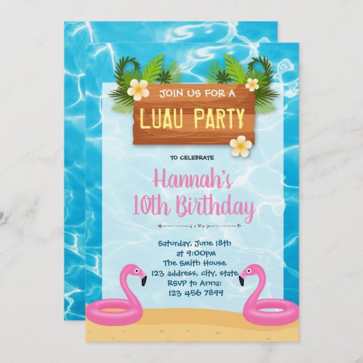 Flamingo luau Geburtstagsparty Einladung (Vorne/Hinten)